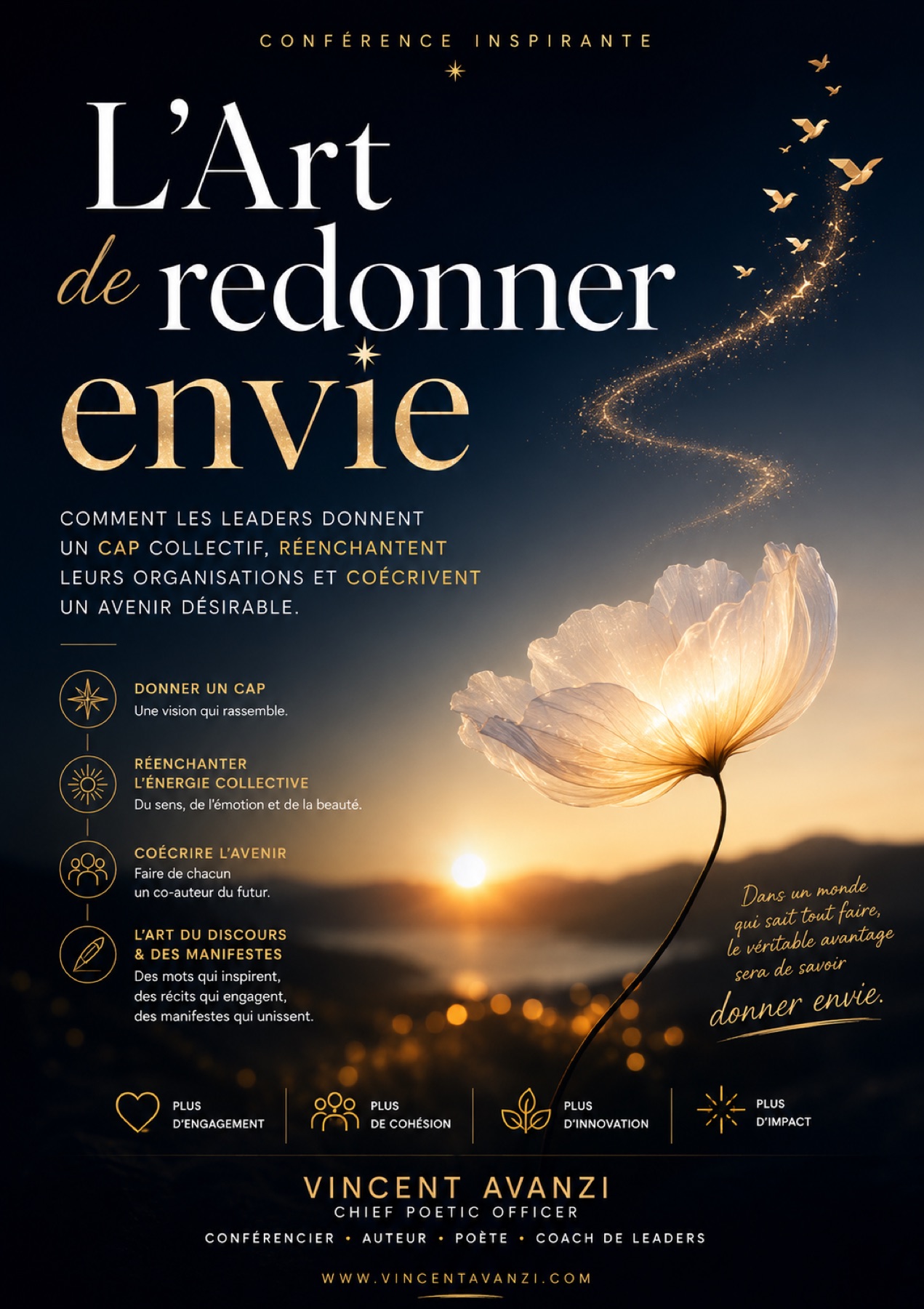 Fleur lumineuse au lever du jour — conférence L’Art de redonner envie
