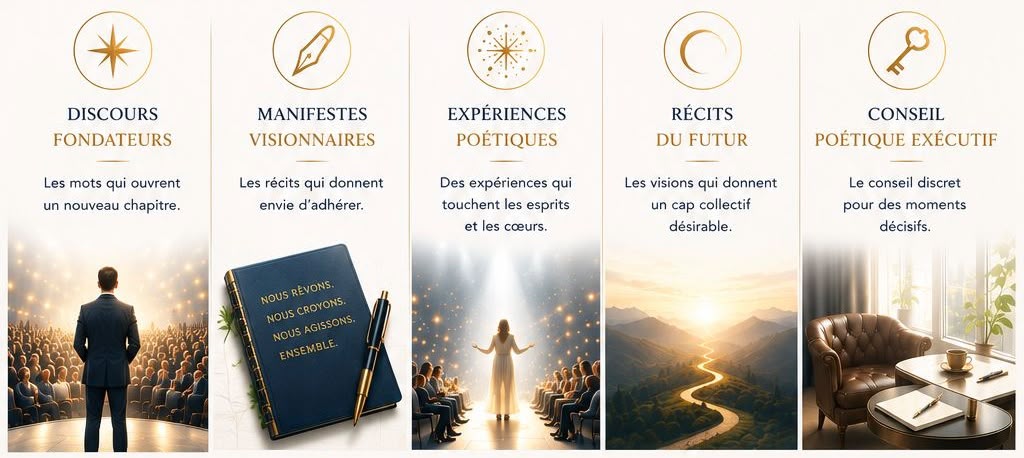 Discours fondateurs : les mots qui ouvrent un nouveau chapitre. Manifestes visionnaires : les récits qui donnent envie d’adhérer. Expériences poétiques : des expériences qui touchent les esprits et les cœurs. Récits du futur : les visions qui donnent un cap collectif désirable. Conseil poétique exécutif : le conseil discret pour des moments décisifs.